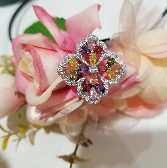 925 Swarovski Elements multi colored Floral rings Women's size 7 - Picture 2 of 8